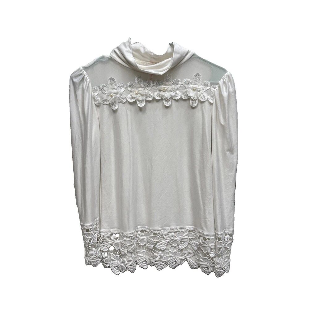 Joanie White Long Sleeve Y2K Style Sheer Lace Pearl Top M Stretch Mock Neck